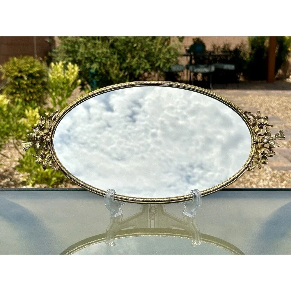 Vintage Matson Vanity Mirror Tray Birds Dogwood Gold Plated Hollywood Regency